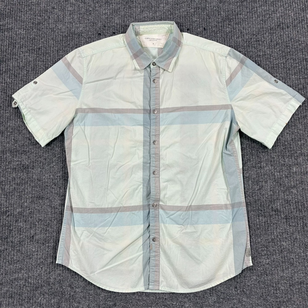 Calvin Klein Jeans Mens M Plaid Short Sleeve Button Up Shirt Blue Gray CK